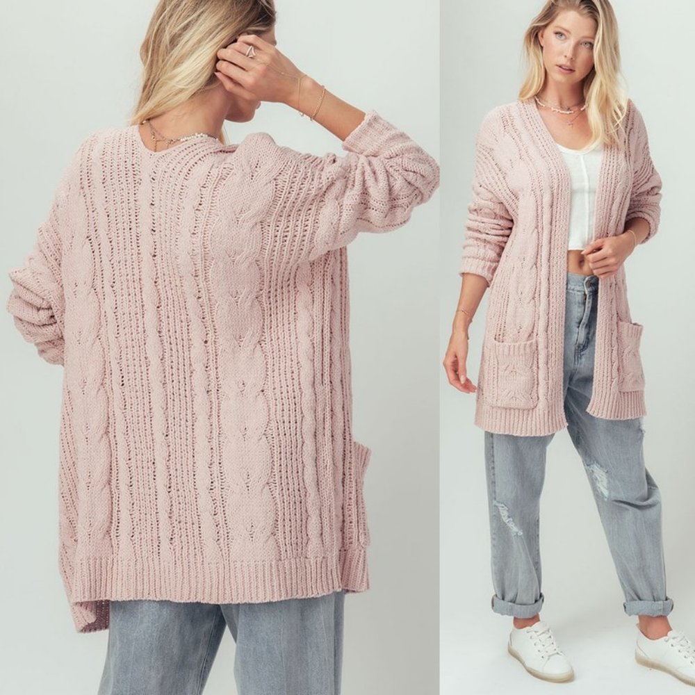 NEW Chunky Cable Rib Knit Open Front Long Cardigan - Picture 2 of 11